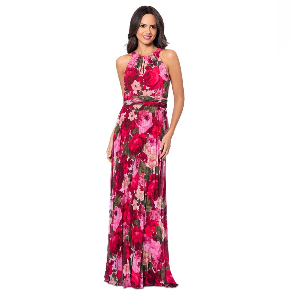 Xscape Floral Halter Gown - Pink and Red